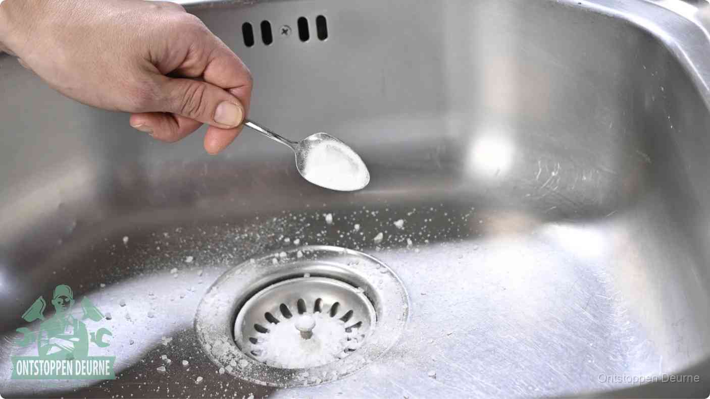 Een hand strooit met een lepel soda in de afvoer van een roestvrijstalen spoelbak, de soda en azijn huismiddel-methode om de afvoer te ontstoppen in Deurne