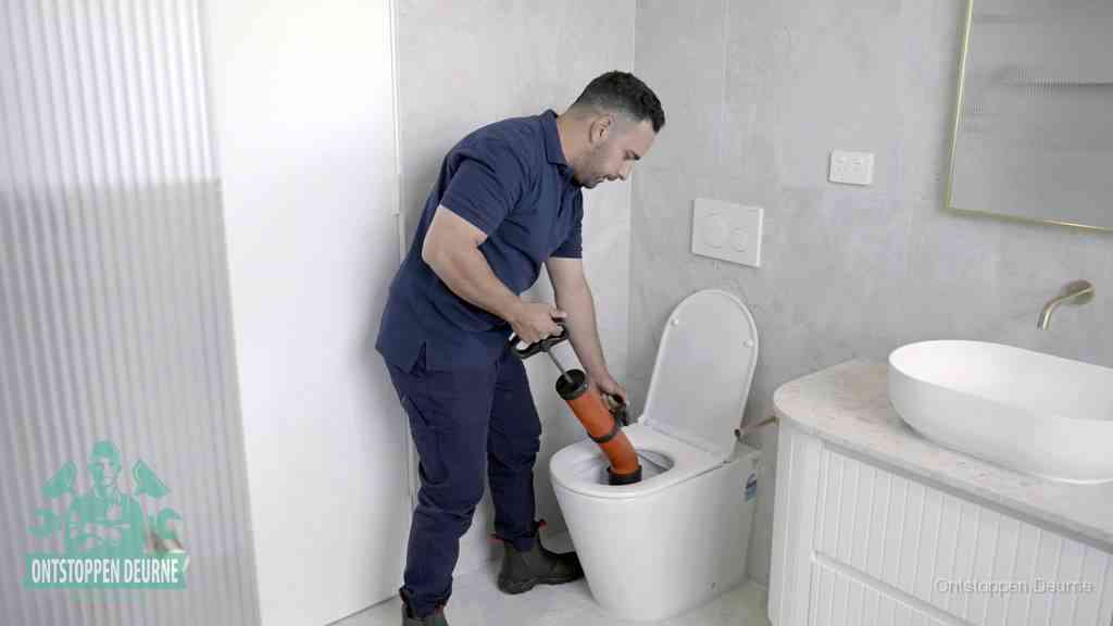 Een monteur buigt over een wandcloset en duwt met de hand een persluchtontstopper in de toiletpot om de verstopping handmatig los te maken in Deurne